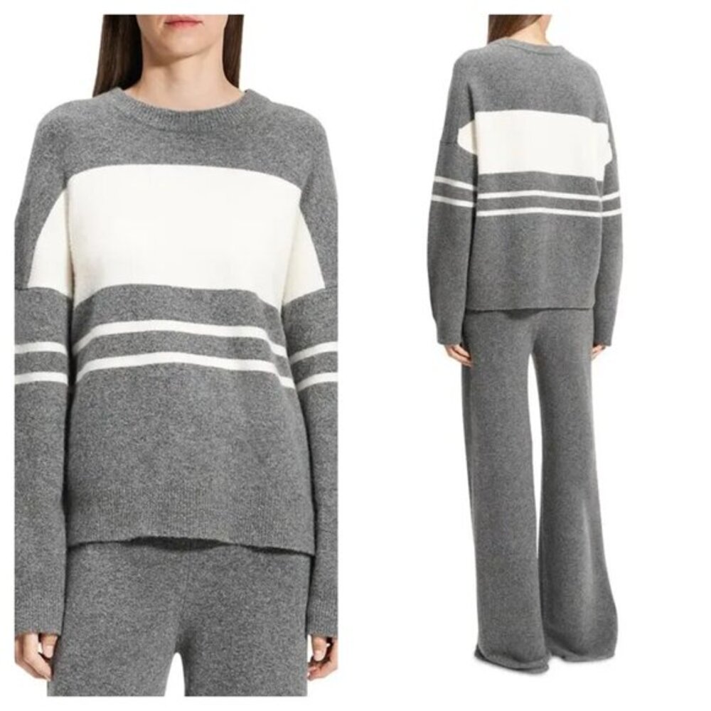 Theory Astor Color Blocked Relaxed Fit Pullover Sweater M Gray/White